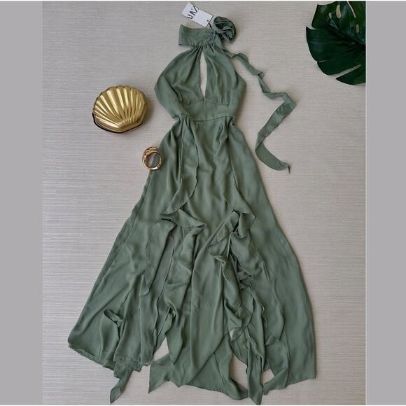 💚 ZARA Halter Neck Midi Dress NWT | Sea Green Ruffle Floral Detail M/L - Picture 15 of 16